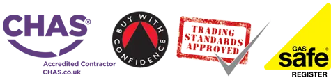 chas accredited contractor, bwc and gas safe logos